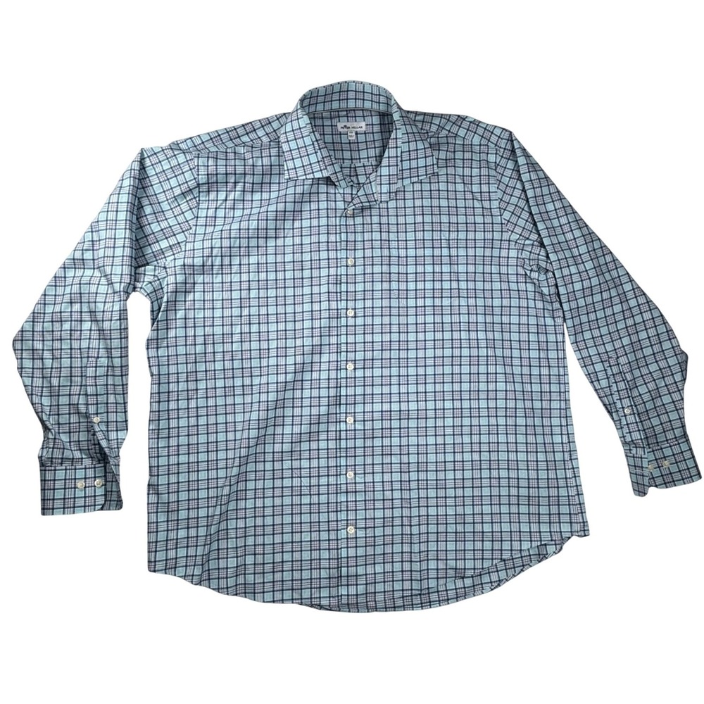 Peter Millar Crown Button Up Shirt XXL Blue Plaid Cotton Stretch Pastel Preppy